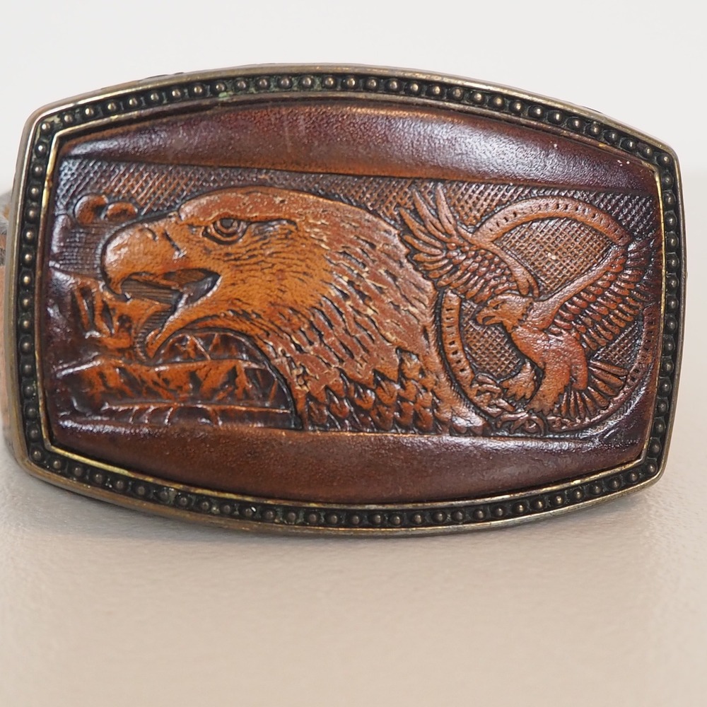 Vintage Eagle Tooled Leather Belt and Buckle by Alumaline 4108 Brass Embossed - Picture 2 of 11